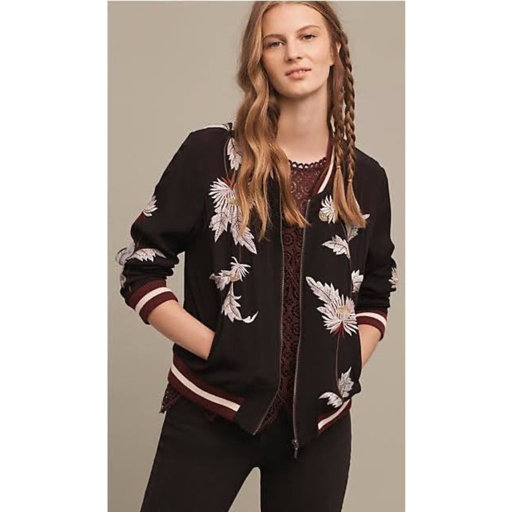 Elevenses Bomber Jacket Womens Medium Black Excellent Floral Embroidered‎ Zip Up